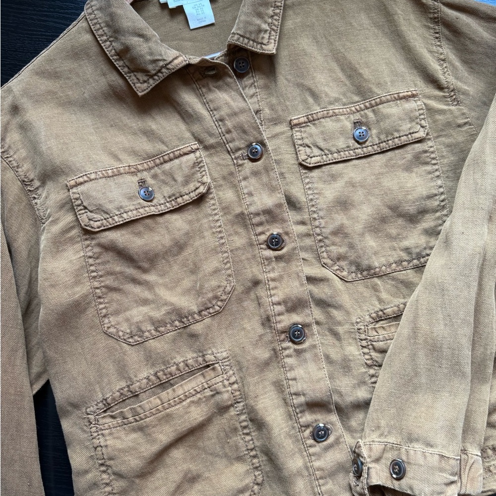 C&C California Cropped Utility Jacket Linen Blend Camel Brown Button Front - Picture 7 of 8